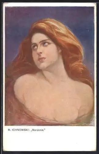 Künstler-AK sign. M. Ichnowski: Blonde Frau mit leuchtendem Haar