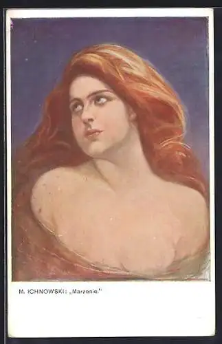 Künstler-AK sign. M. Ichnowski: Blonde Frau mit leuchtendem Haar