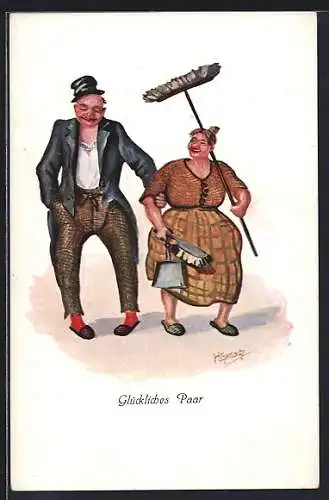 Künstler-AK sign. H. Gerlach: Gruss von der Messe!, Glückliches Paar