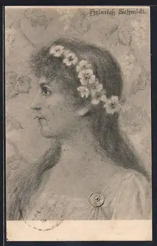 Künstler-AK sign. Heinrich Schmidt: Junge Frau mit Blumenkranz