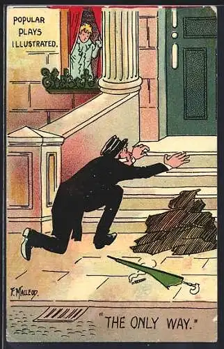Künstler-AK sign. F. Macleod: Mann kraucht Treppe am Haus hoch