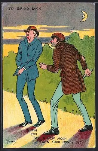 Künstler-AK sign. F. Macleod: Landstreicher und Mann bei Mondschein