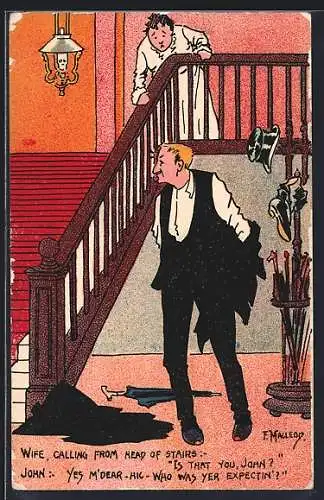 Künstler-AK sign. F. Macleod: Frau wartet an der Treppe auf Mann