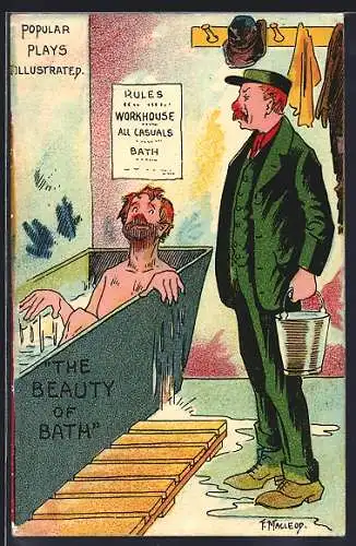 Künstler-AK sign. F. Macleod: Mann liegt in der Badewanne