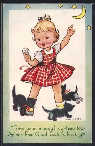 Künstler-AK sign. Mollie Grey: Mädchen mit Katzen bei Mondschein