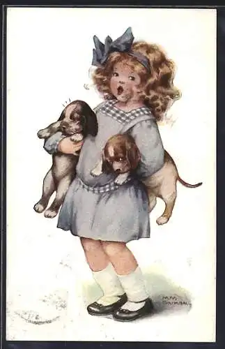 Künstler-AK sign.: M.M. Baimball: Mädchen mit Hunden unter dem Arm