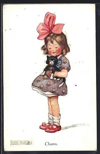 Künstler-AK sign. Helen Jacobs: Mädchen mit Katze auf dem Arm