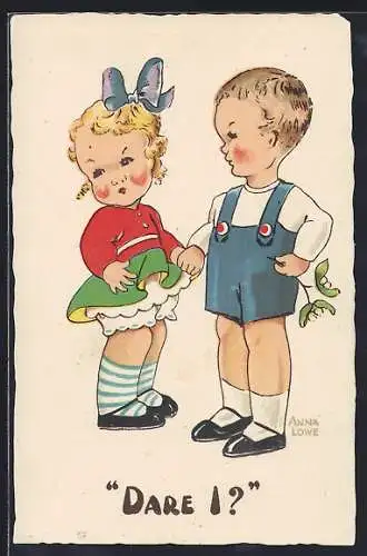 Künstler-AK sign. Anna Lowe: Kinderpaar mit Zweig
