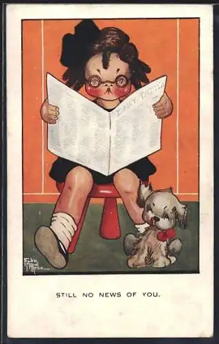 Künstler-AK sign. Freda Mabel Rose: Frau mit Brille liest Zeitung