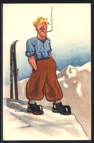 Künstler-AK sign. R. Lips: Skifahrer mit Zigarette