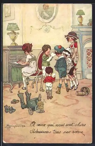 Künstler-AK sign. Maréchaux: Kinder schreiben Neujahrsgrüsse