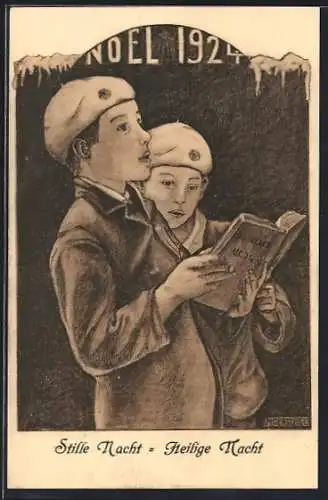 Künstler-AK sign. Moerschel: Zwei Jungen mit einem Buch, Weihnachten 1924