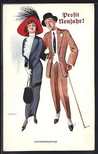 Künstler-AK sign. I. A. May: Schwerenöter, Elegantes Paar, Neujahrsgruss
