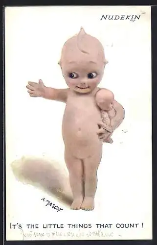 Künstler-AK sign. A. Mascot: Nacktes Kind mit Puppe