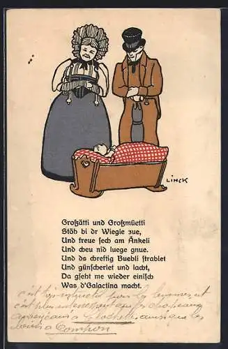 Künstler-AK sign. Linck: Grosseltern bei Baby an der Wiege