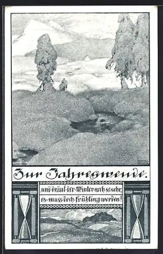 Künstler-AK sign. P. & Co.: Landschaft mit Bach, Neujahrsgruss