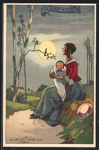 Künstler-AK sign.: George P. de Laer: Mondscheinserenade, Mutter mit Baby und Singvogel