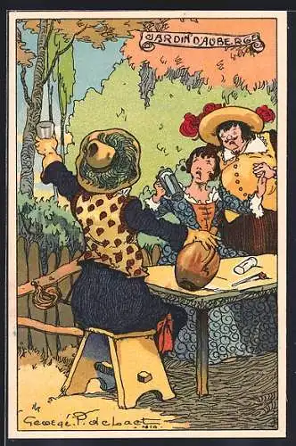 Künstler-AK sign.: George P. de Laer: Trinkgelage im Gasthofgarten