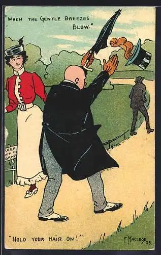 Künstler-AK sign. F. Macleoy: Herrn im Park fliegt der Hut weg