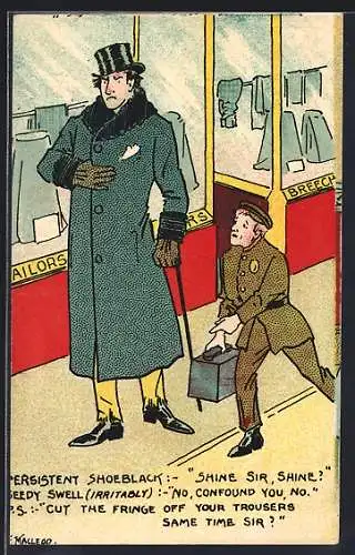 Künstler-AK sign. F. Macleoy: Eleganter Herr und Schuhputzer