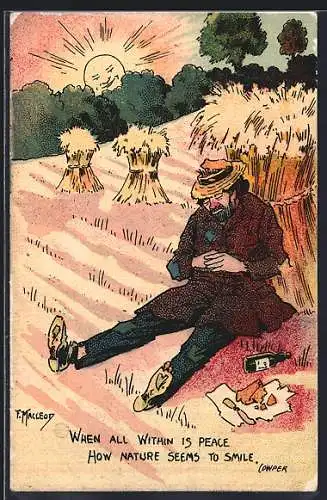 Künstler-AK sign. F. Macleoy: Landstreicher schläft auf dem Feld