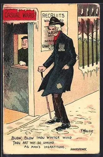 Künstler-AK sign. F. Macleoy: Älterer Mann vor dem Schalter