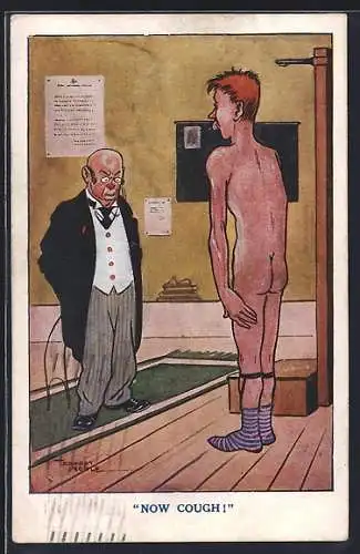 Künstler-AK sign. Ernest Noble: Now Cough!, nackter Mann beim Arzt