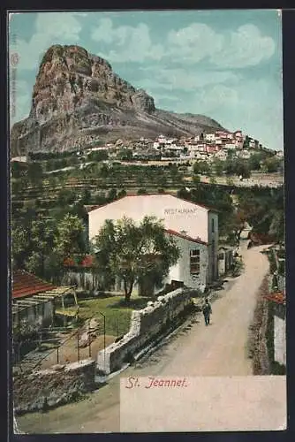 AK Saint-Jeannet, Vue du village et du Baou pittoresque avec restaurant et chemin rural