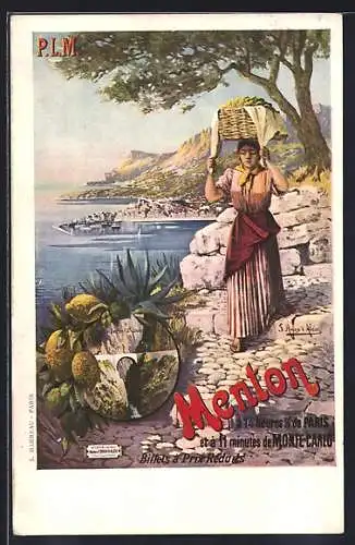 AK Menton, Jeune femme portant un panier avec vue sur la mer et les montagnes