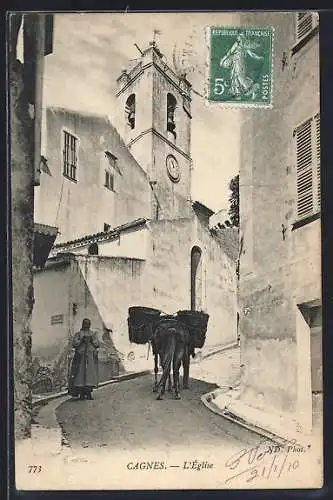 AK Cagnes, L`Église et une rue avec un âne chargé