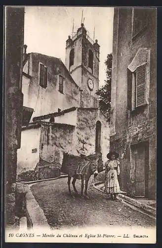 AK Cagnes, Montée du Château et Église St-Pierre avec femme et âne