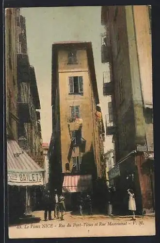 AK Nice, Rue du Pont-Vieux et Rue Mascoïnat avec commerces et passants