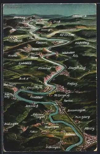 Künstler-AK Mettlach /Saartal, Ortsansicht mit Serrig, Ludowald und Montclair