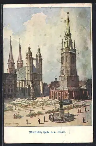 Künstler-AK Halle / Saale, Marktplatz mit Strassenbahn und Roter Turm