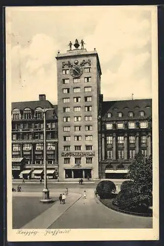 AK Leipzig, Strassenpartie mit Cafe Corso und Hochhaus
