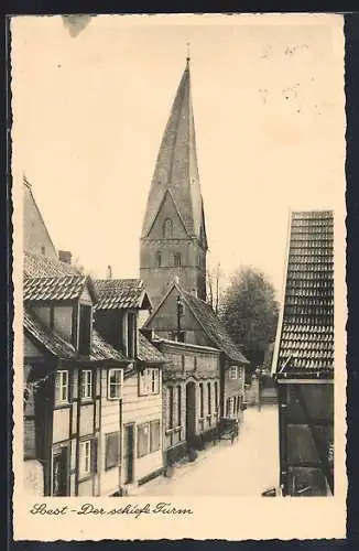 AK Soest, Strassenpartie mit schiefem Kirchturm