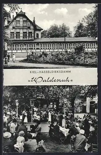 AK Kiel-Hasseldieksdamm, Blick auf das Gesellschaftshaus Waldesruh, Gartenpartie