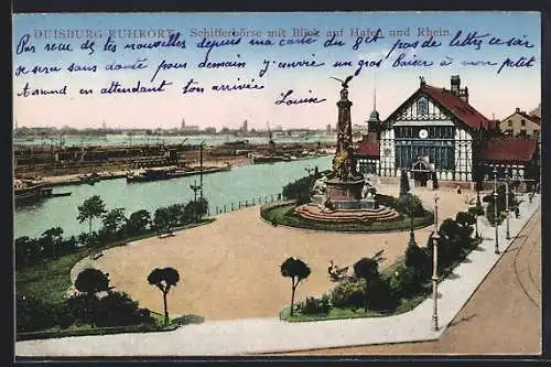 AK Duisburg-Ruhrort, Schifferbörse mit Blick auf Hafen und Rhein