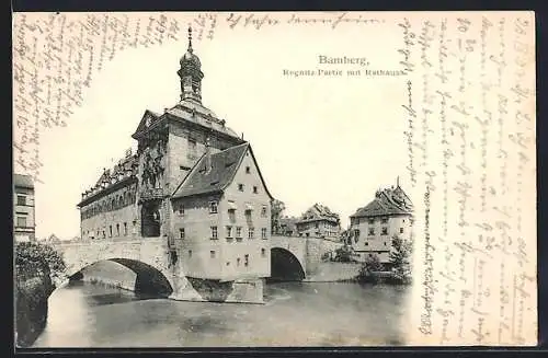 AK Bamberg, Regnitz-Partie mit Rathaus