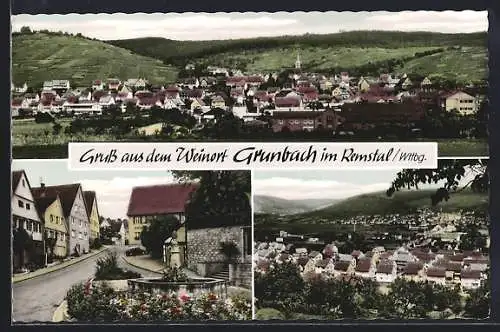 AK Grunbach im Remstal, Teilansichten, Strassenpartie mit Rathaus und Brunnen