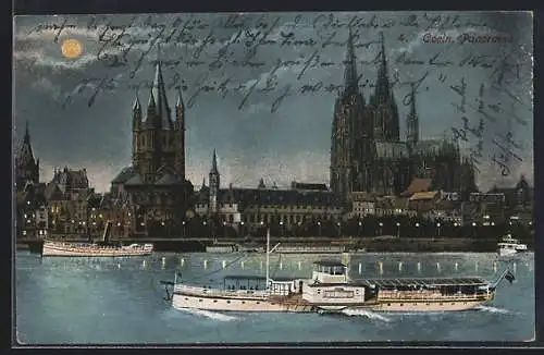 AK Köln, Panorama mit Dom und Dampfer Fürst Bismarck bei Mondschein
