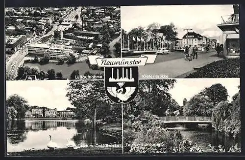 AK Neumünster, Teich mit Cafe Braker, Kieler Brücke, Teich mit Anlagen