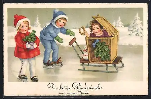 AK Kinder mit Geldsack auf dem Schlitten, Neujahrsgruss