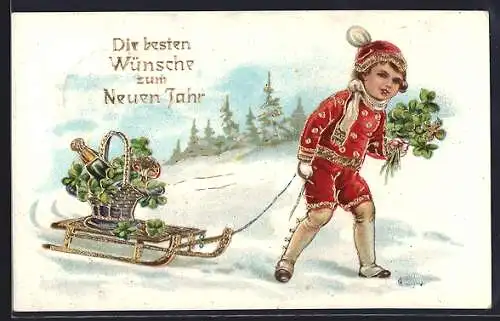 AK Junge mit Sekt im Korb auf Schlitten, Neujahrsgruss