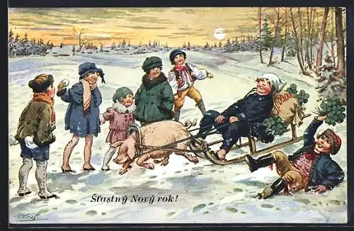 AK Junge mit Geldsack auf Schweineschlitten, Neujahrsgruss