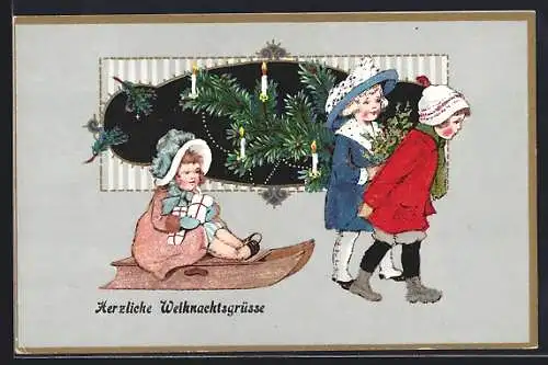 AK Kleines Mädchen auf einem Schlitten, Tannenzweig mit Kerzen, Weihnachtsgruss