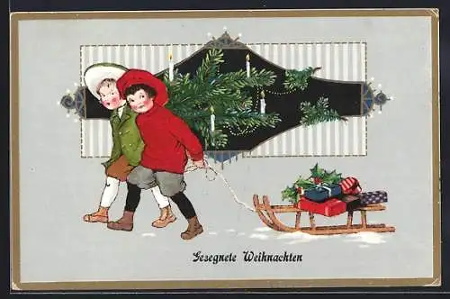 AK Zwei Jungen mit Geschenken auf Schlitten, Weihnachtsgruss