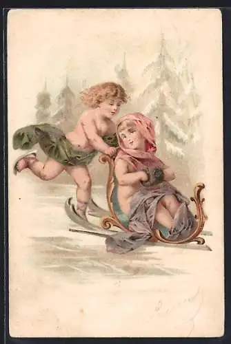 AK Zwei nackte Kinder mit einem Schlitten