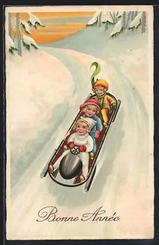 AK Drei Kinder auf einem Schlitten, Neujahrsgruss