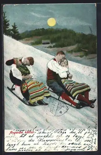 AK Zwei Liebespaare auf Schlitten bei Mondschein